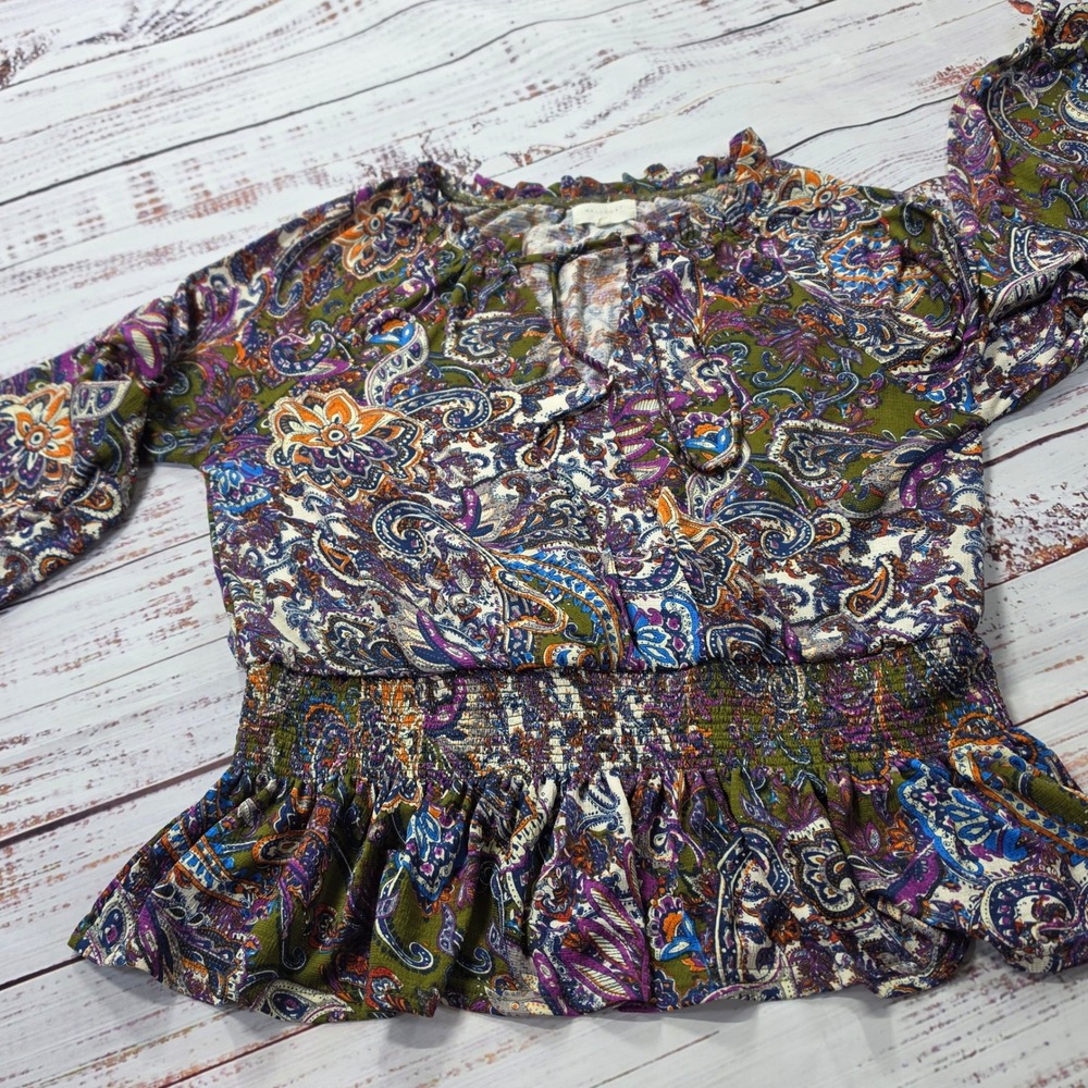 Melloday Peplum Blouse Women Large Paisley Excellent Smocked Waist‎ Tie Neck
